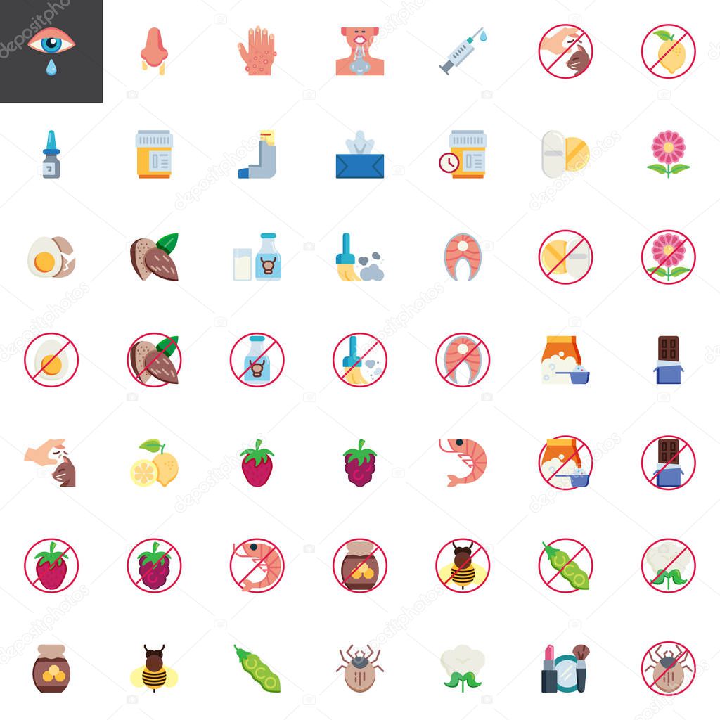 Allergy symptoms elements collection, flat icons set, Colorful symbols pack contains - Allergen food, Runny nose, Dry eyes, Rash, Nasal spray, Asthma inhaler. Vector illustration. Flat style design