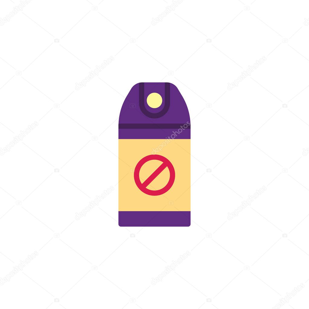 Pests repellent spray bottle flat icon, vector sign, colorful pictogram isolated on white. Insect repellent aerosol symbol, logo illustration. Flat style design