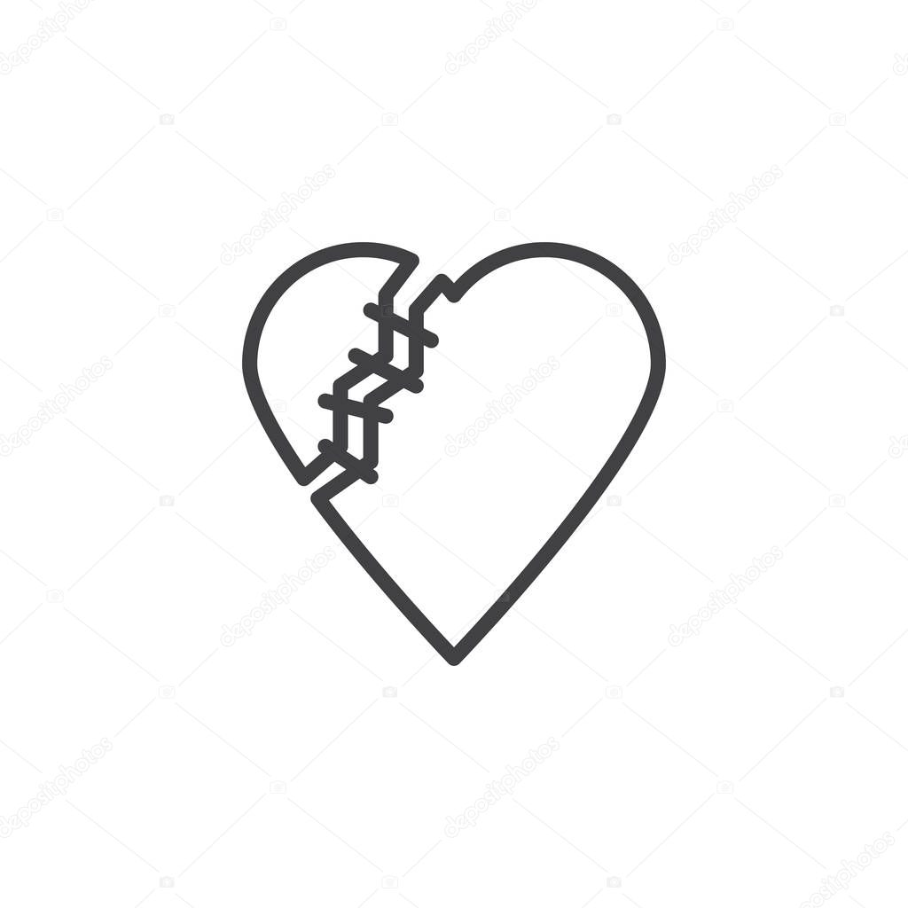 Healed broken heart line icon. linear style sign for mobile concept and web design. Heart with threaded stitches outline vector icon. Symbol, logo illustration. Pixel perfect vector graphics
