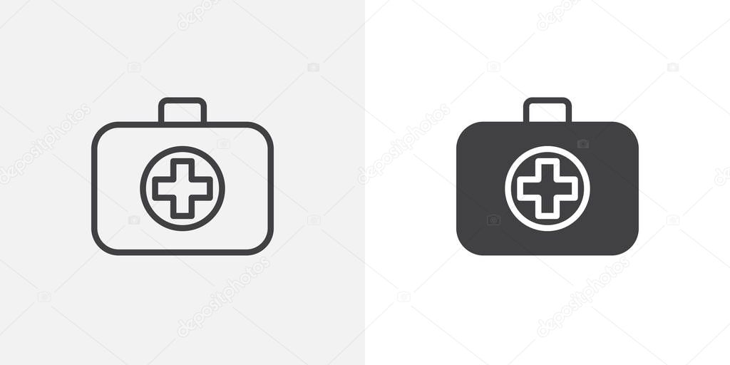 First aid kit icon. line and glyph version, outline and filled vector sign. Doctors bag with medical cross linear and full pictogram. Symbol, logo illustration. Different style icons set