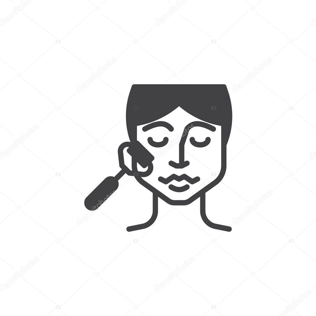Face massage vector icon. filled flat sign for mobile concept and web design. Woman with facial jade roller glyph icon. Facial beauty treatment symbol, logo illustration. Pixel perfect
