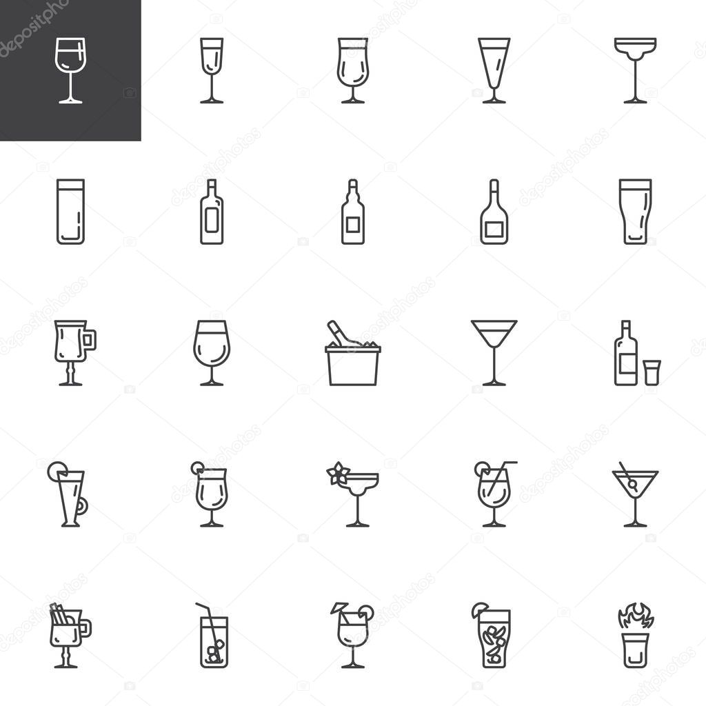Cocktails line icons set. linear style symbols collection, outline signs pack. vector graphics. Set includes icons as alcoholic drinks, ice tea glass, beverage, wine bottle, hot shot, mojito drink