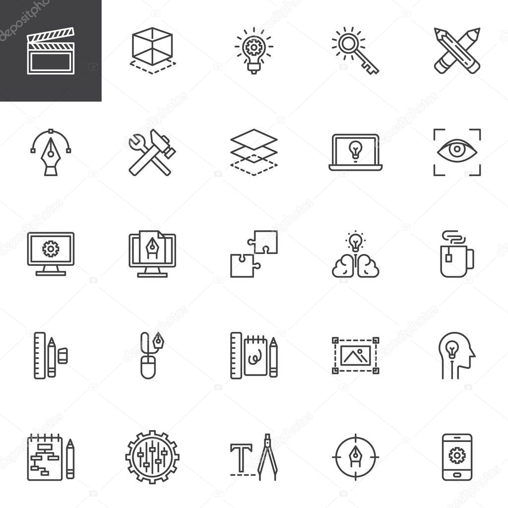 Creative process design line icons set