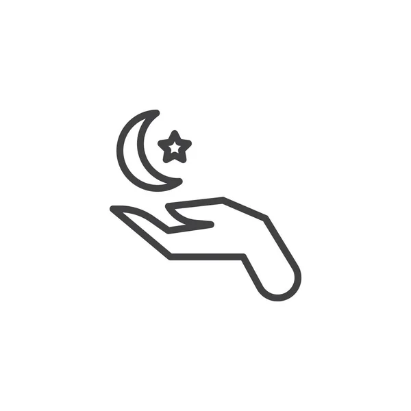 Main avec croissant islamique et icône de ligne d'étoile — Image vectorielle