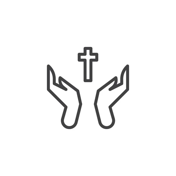 Orando las manos con el icono de la línea de cruz santa — Vector de stock