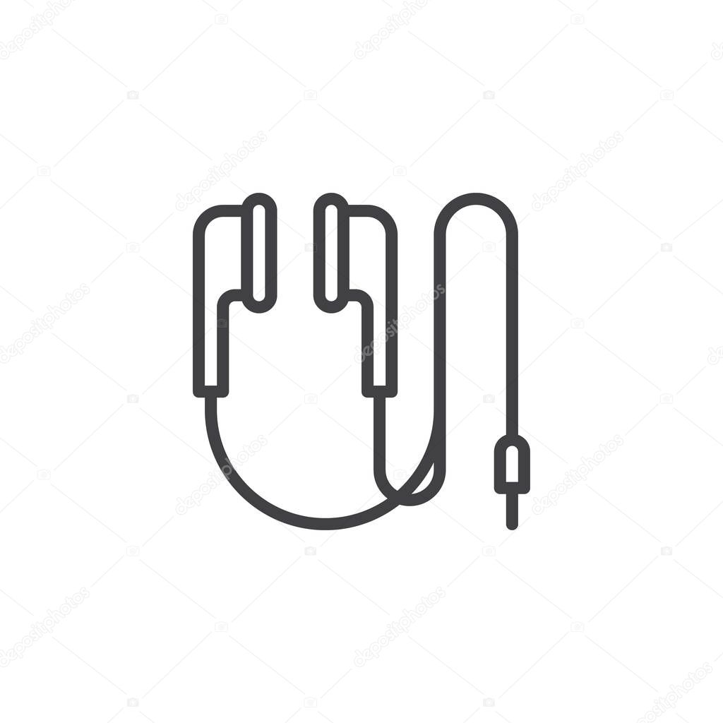 Earphones with connector line icon. linear style sign for mobile concept and web design. Earbuds cable outline vector icon. Symbol, logo illustration. Vector graphics