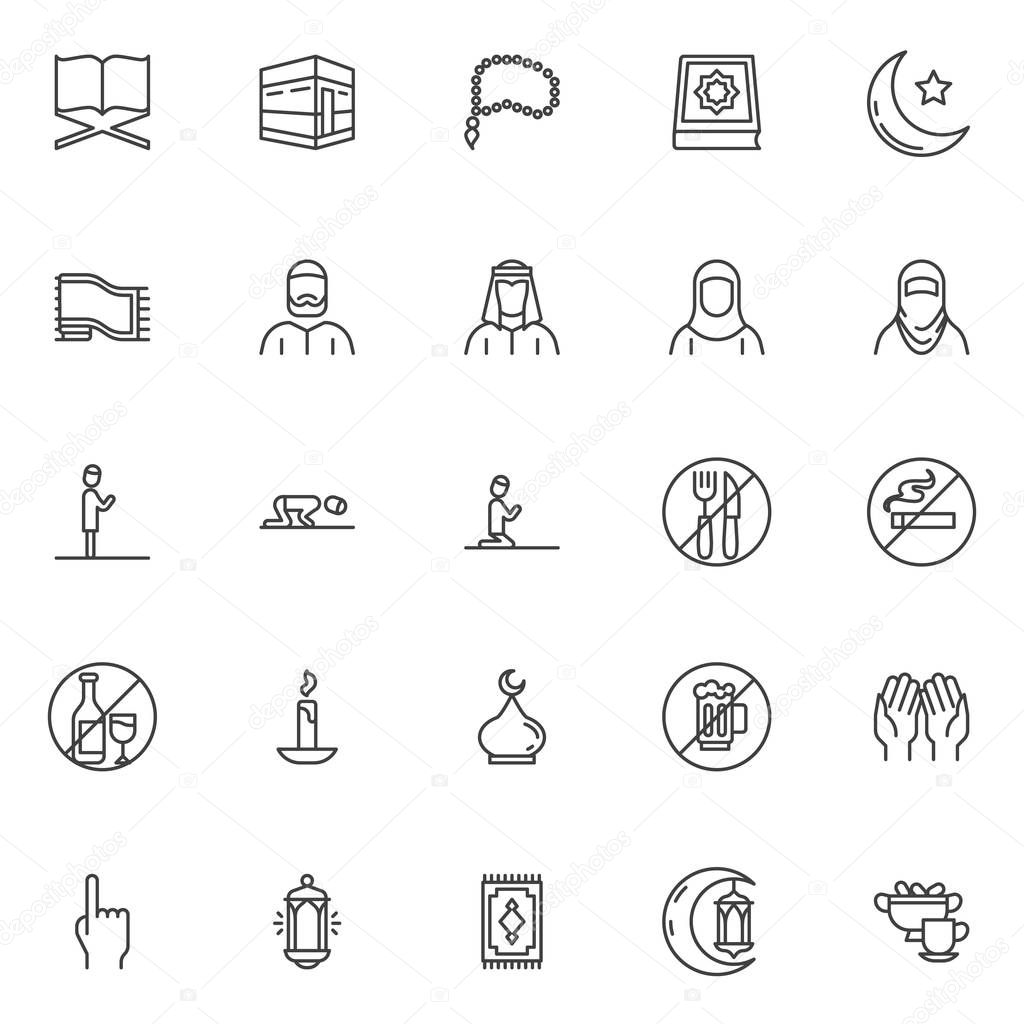 Islamic religion line icons set. linear style symbols collection, outline signs pack. vector graphics. Set includes icons as Al Quran book, Kaaba of hajj mosque, rosary beads, Muslim prayer rug, iftar