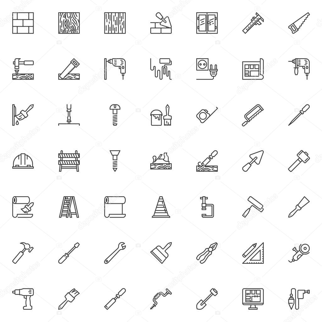 Construction and home repair tool line icons set