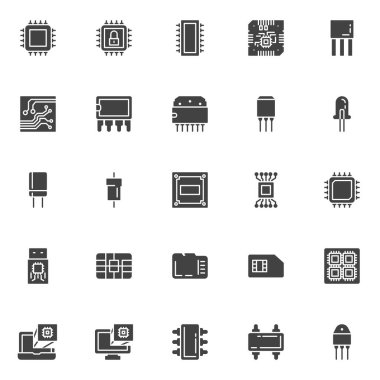 Bilgisayar mikroçip vektör simgeleri ayarlandı
