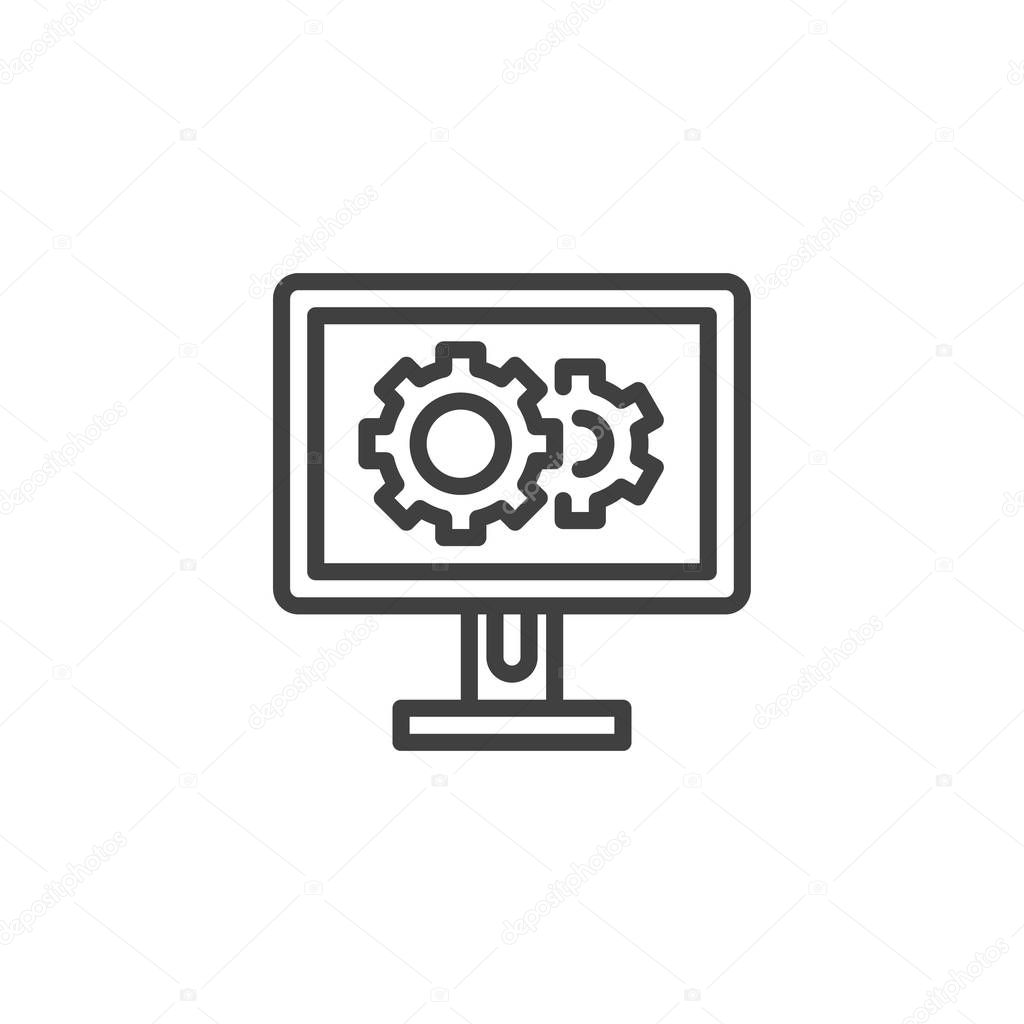 Service monitor with gear line icon. Software development linear style sign for mobile concept and web design. Computer setup outline vector icon. Symbol, logo illustration. Vector graphics