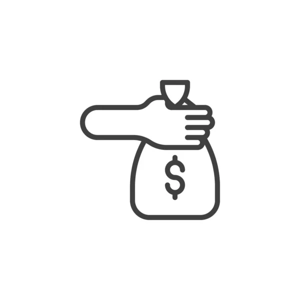 Hand met geld zak lijn pictogram — Stockvector