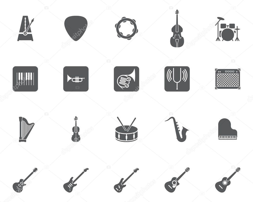 Music instruments vector icons set, modern solid symbol collection, filled style pictogram pack. Signs, logo illustration. Set includes icons as metronome, drums, acoustic guitar, violin, cello, harp