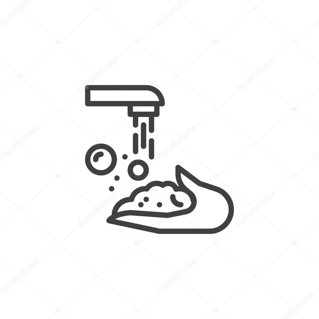 Hand washing with soap line icon. linear style sign for mobile concept and web design. Wash your hands outline vector icon. Hygiene symbol, logo illustration. Vector graphics