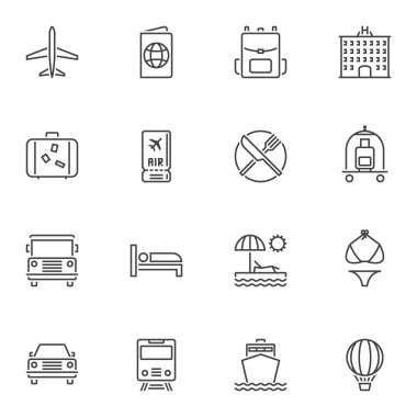 Seyahat aksesuar çizgisi simgeleri ayarlandı