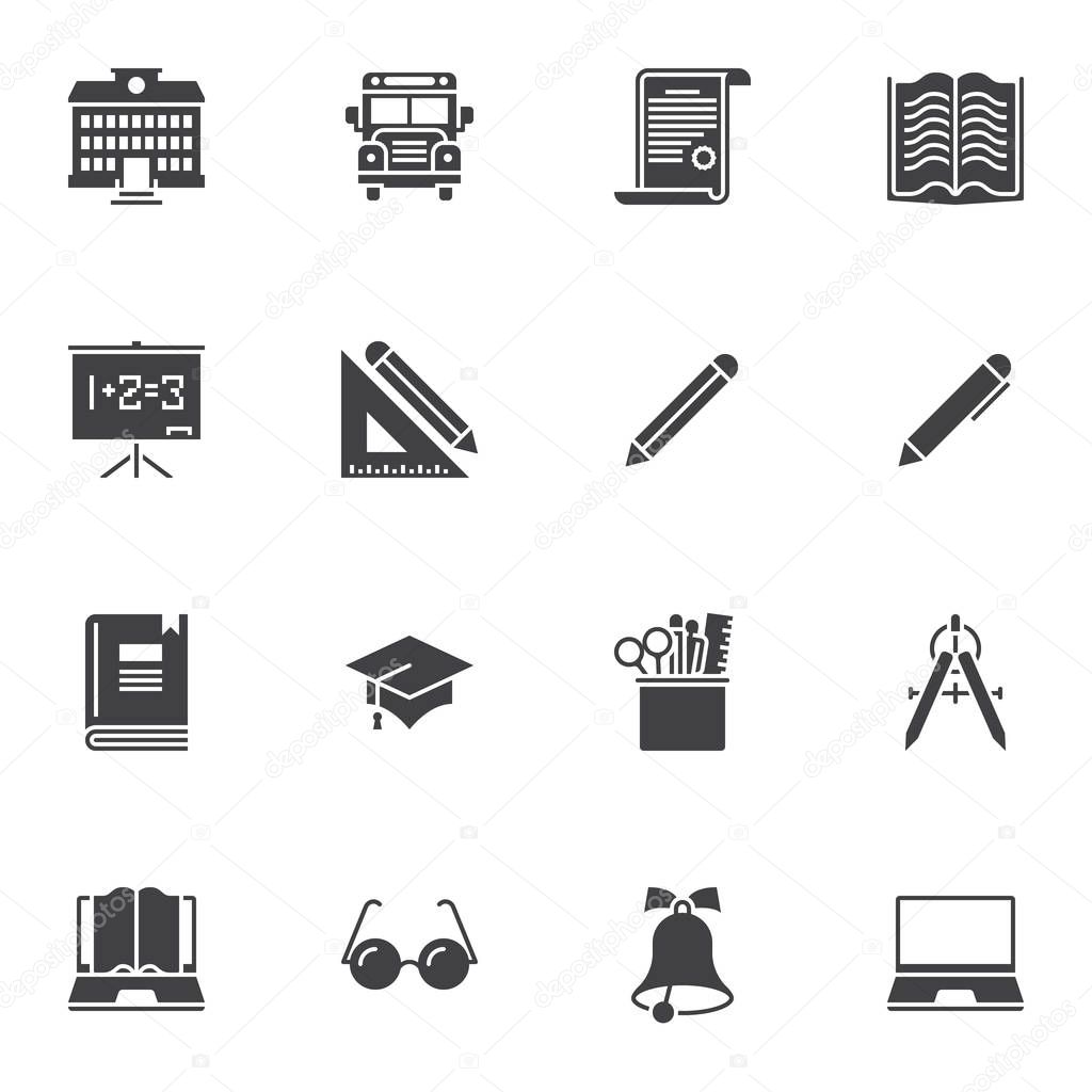 School equipment vector icons set, modern solid symbol collection, filled style pictogram pack. Signs, logo illustration. Set includes icons as school building, book, ruler, pen pencil, glasses, bus