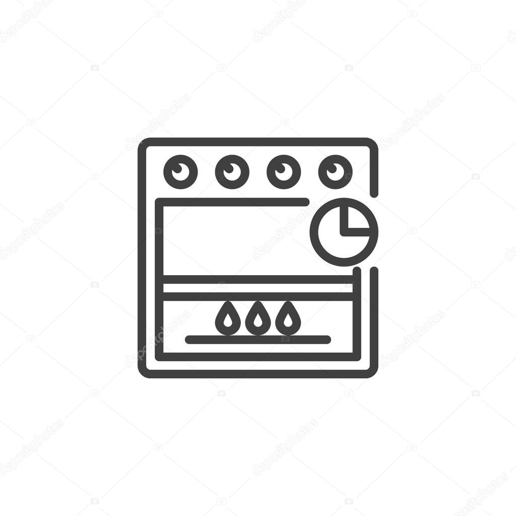 Frying time line icon. Cooking process timer linear style sign for mobile concept and web design. Gas oven and clock outline vector icon. Symbol, logo illustration. Vector graphics