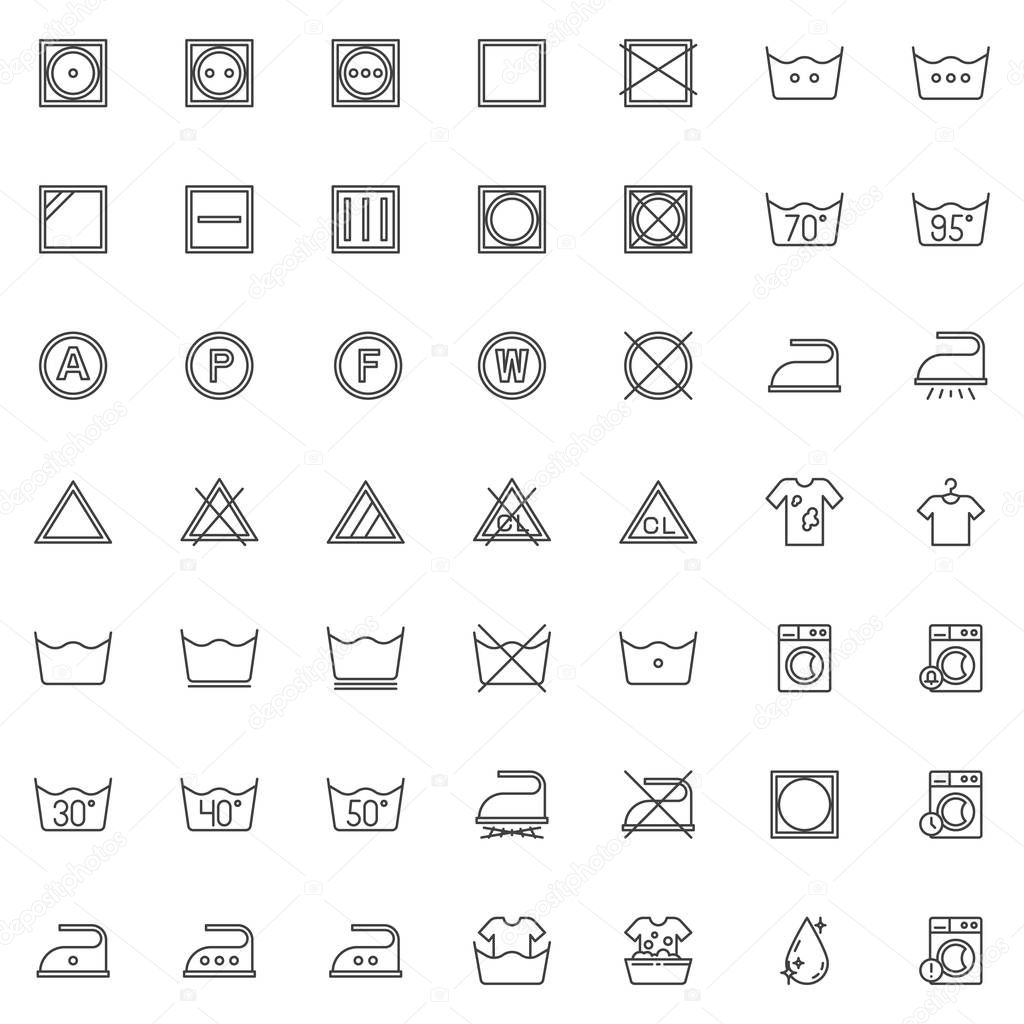Laundry instruction line icons set. linear style symbols collection, outline signs pack. vector graphics. Set includes icons as washing machine, low heat wash time, iron, drip dry, Bleach and solvent