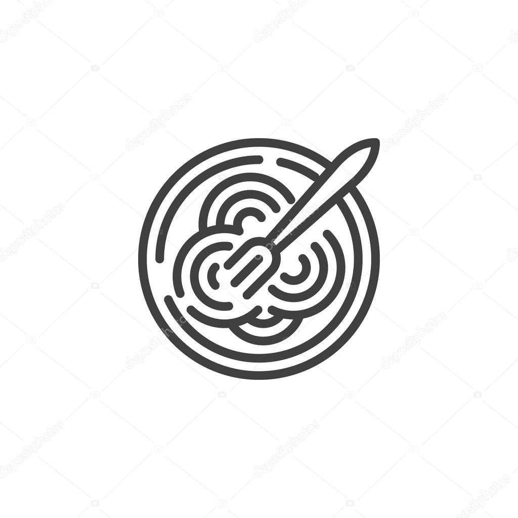 Pasta plate and fork line icon. linear style sign for mobile concept and web design. Plate with noodles, top view outline vector icon. Symbol, logo illustration. Vector graphics