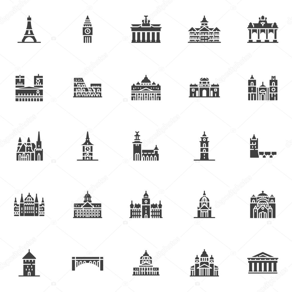 European cities landmarks vector icons set