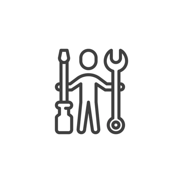 Hombre con llave inglesa e icono de línea de destornillador — Vector de stock