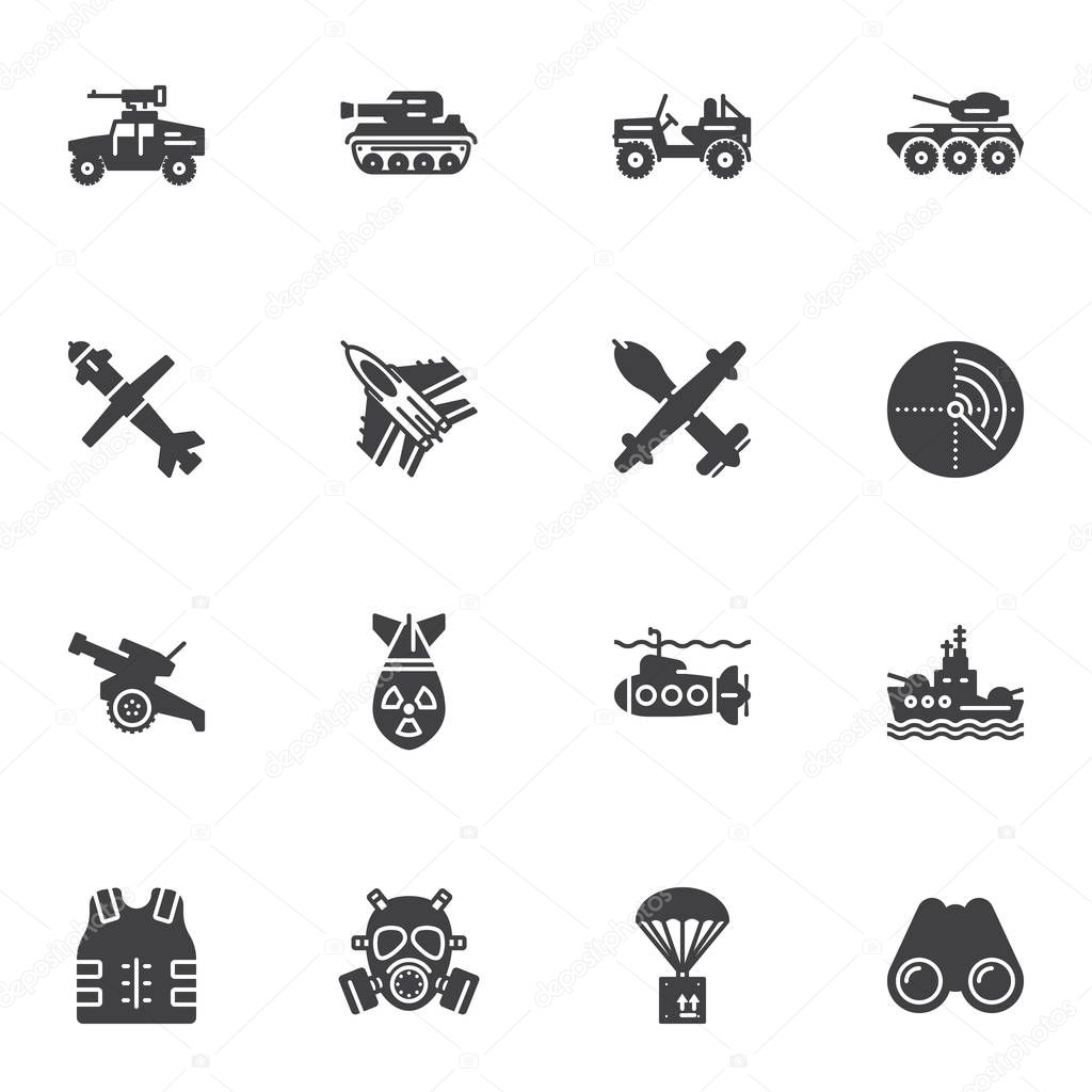 Military equipment vector icons set, modern solid symbol collection, filled style pictogram pack. Signs logo illustration. Set includes icons as tank, fighter jet, bomber aircraft, radar, nuclear bomb