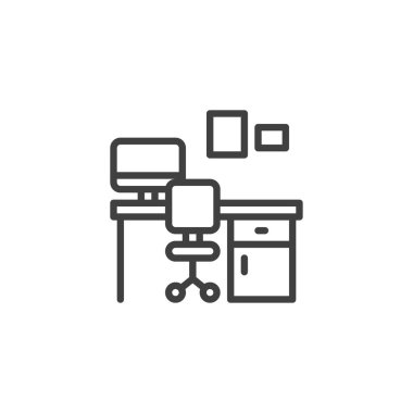 Ofis koltuğu ve bilgisayar monitörü çizgi simgesi ile masa