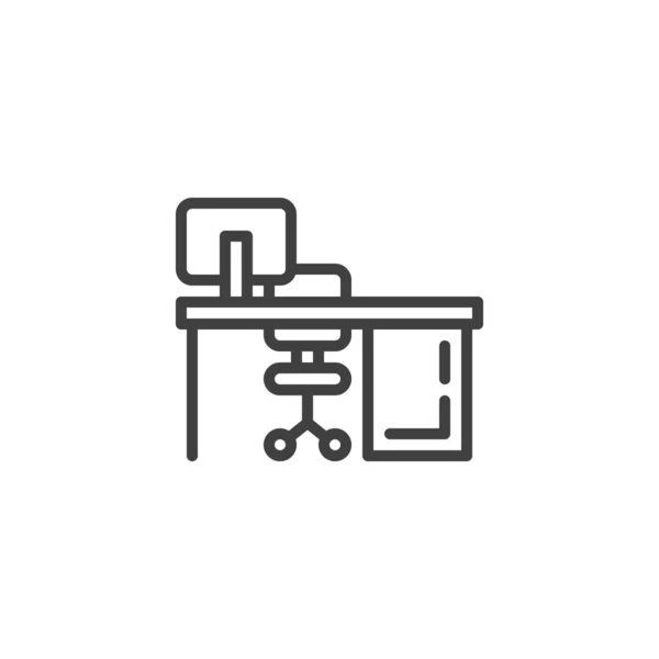 Conjunto de ordenador con mesa y silla icono de línea — Vector de stock