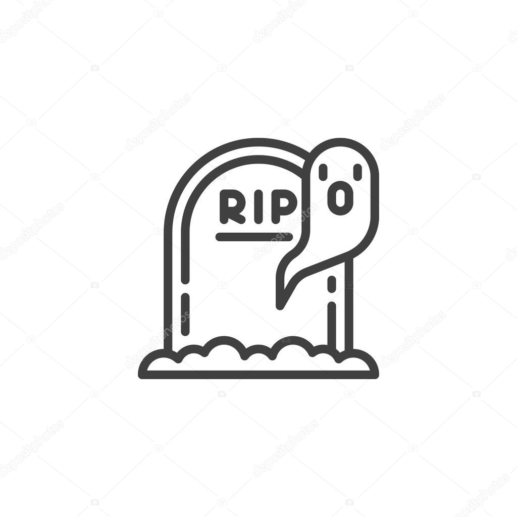 Halloween gravestone and ghost line icon. linear style sign for mobile concept and web design. Tombstone and ghost outline vector icon. Symbol, logo illustration. Vector graphics