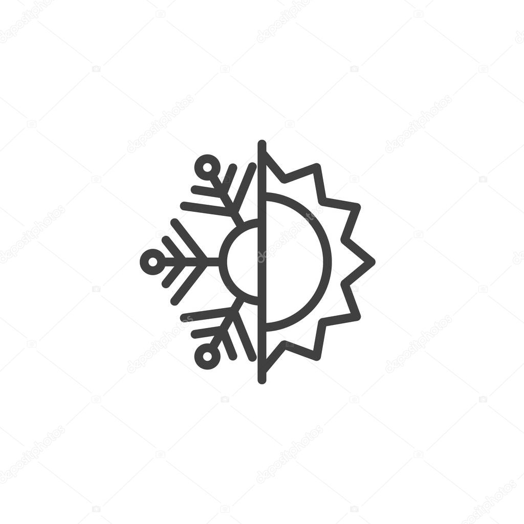 Thermal and cold resistant line icon. Snowflake and sun linear style sign for mobile concept and web design. Heat and frost insulation outline vector icon. Symbol, logo illustration. Vector graphics