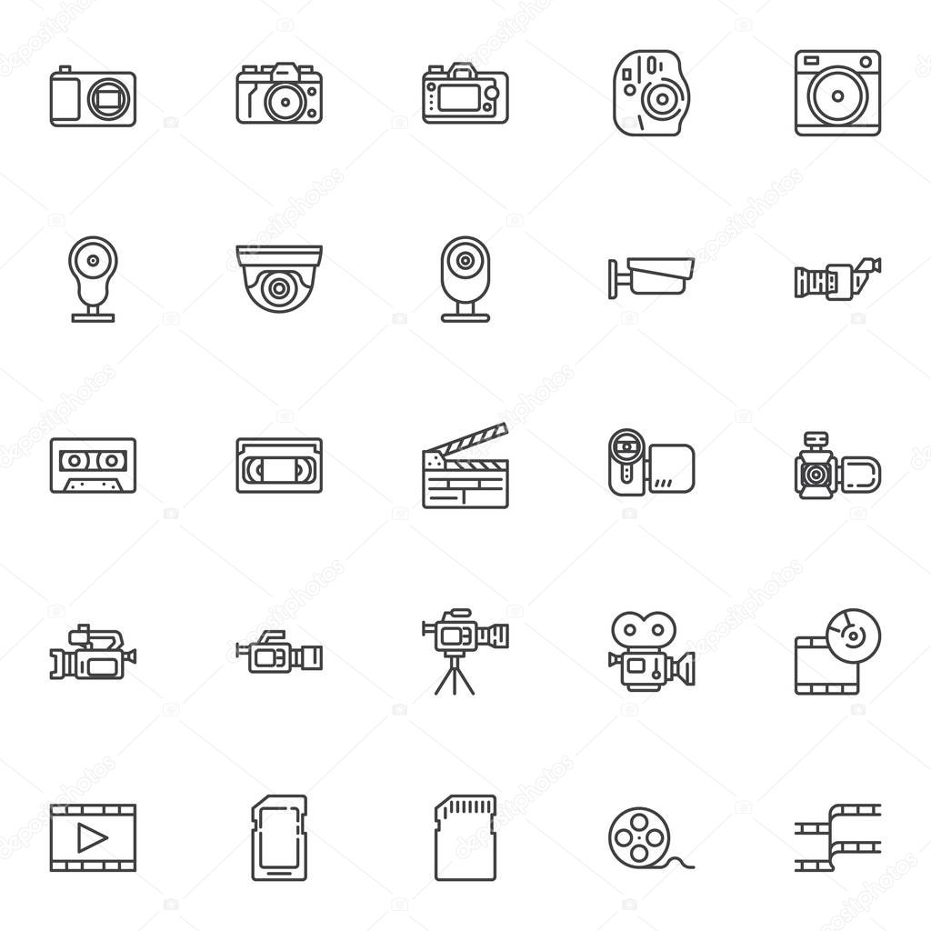 Video and photo line icons set. linear style symbols collection, outline signs pack. vector graphics. Set includes icons as movie camera, film strip, camcorder, webcam, cctv, cassette tape, sd card