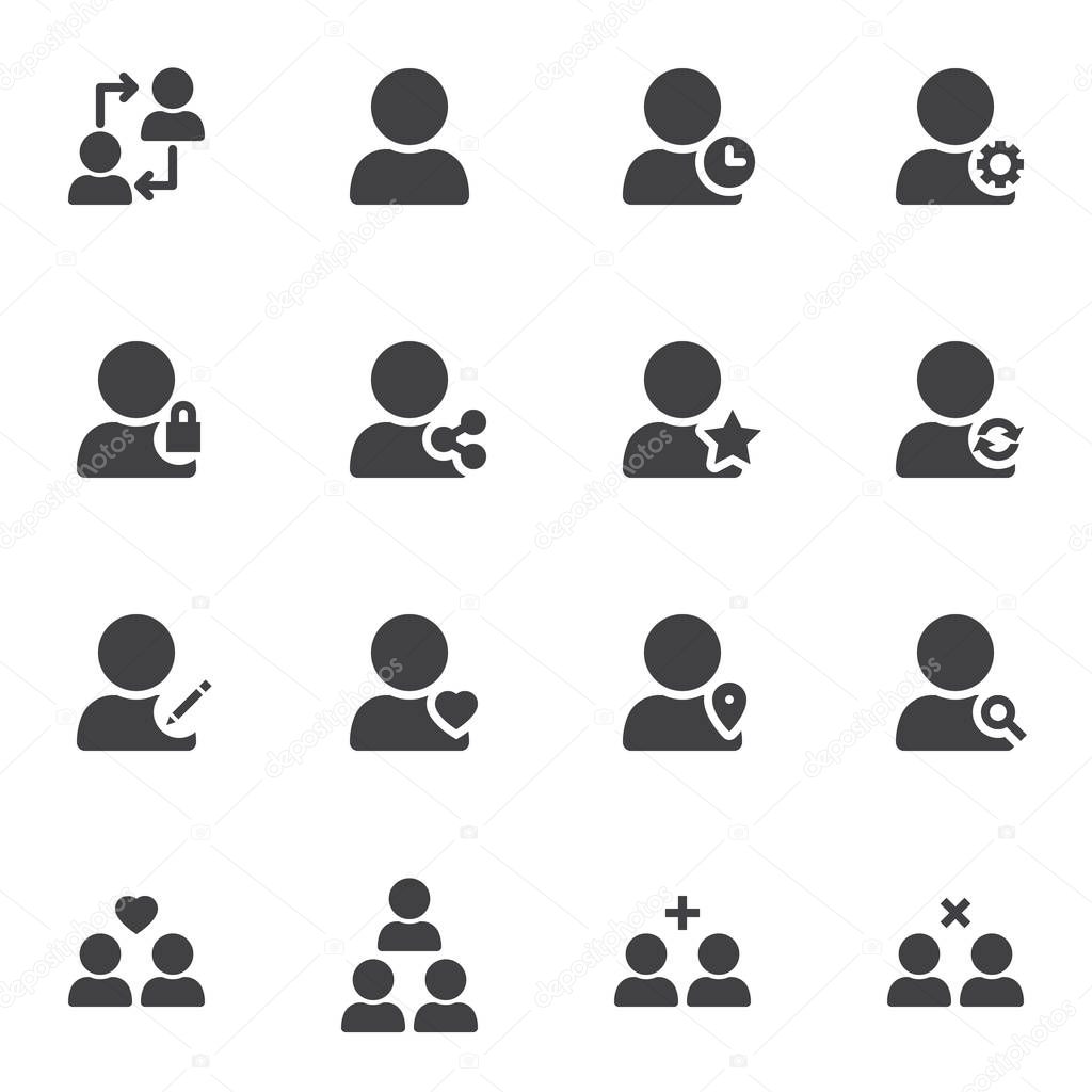 Basic user vector icons set, modern solid symbol collection filled style pictogram pack. Signs logo illustration. Set includes icons as user group, personal settings, share contact, block, rating star
