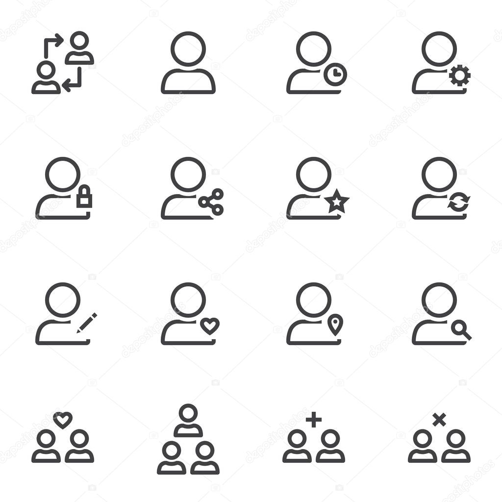 Basic user line icons set. linear style symbols collection, outline signs pack. vector graphics. Set includes icons as user personal settings, share contact, block, rating, favorite, location, friend