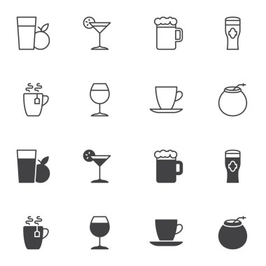 İçecekler menü simgesi seti, satırı ve glyph sürümü