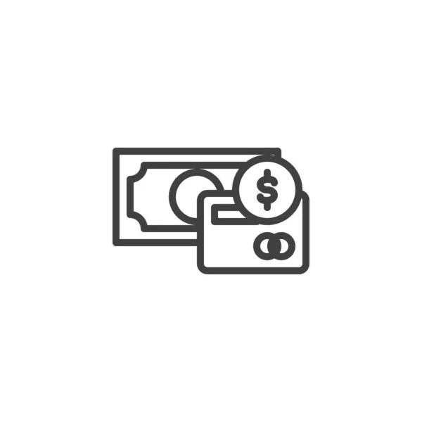 Dólar moeda de dinheiro e cartão de crédito ícone de linha — Vetor de Stock