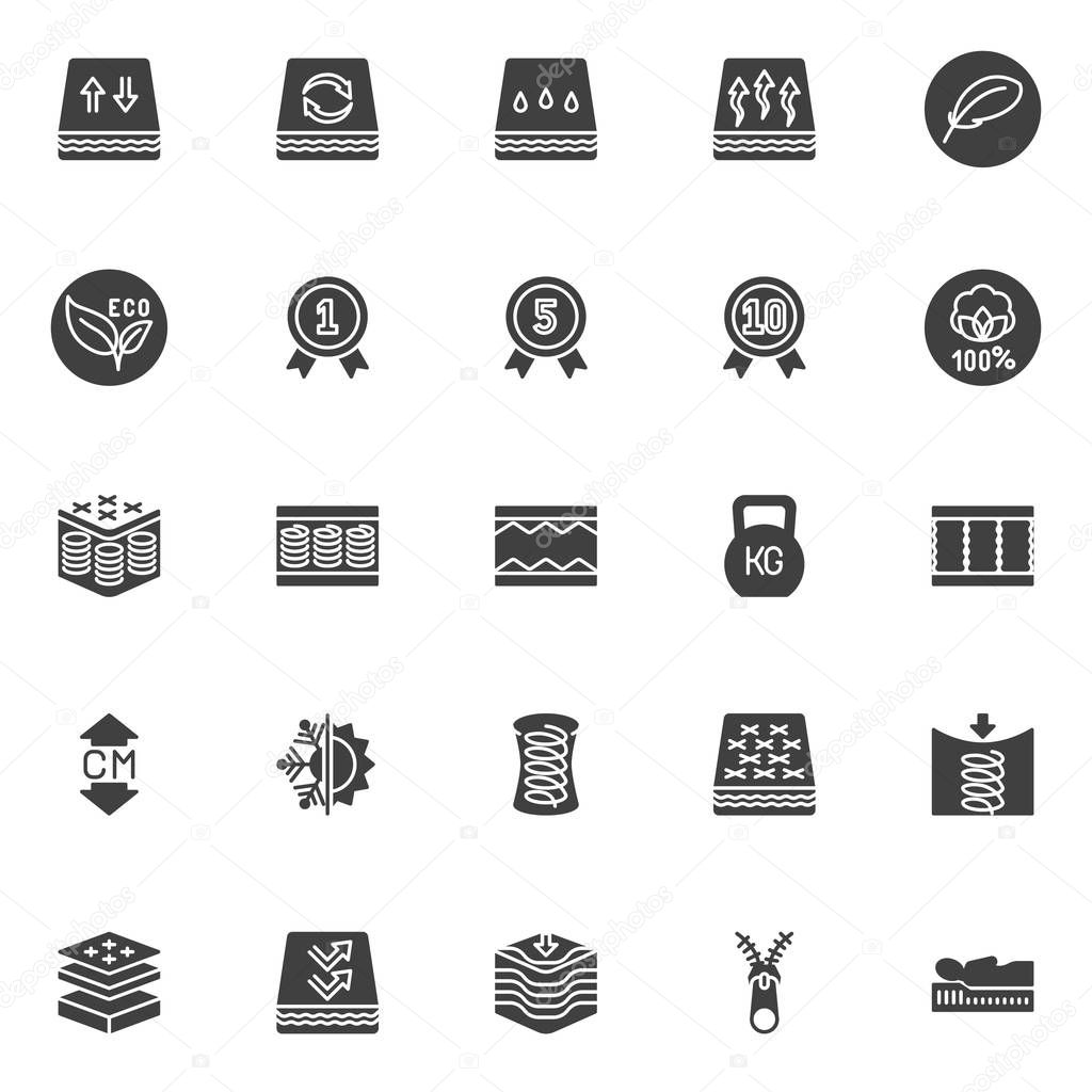 Orthopedic sleep vector icons set, modern solid symbol collection, filled style pictogram pack. Signs, logo illustration. Set includes icons as orthopedic mattress layers, breathable, spring, zipper