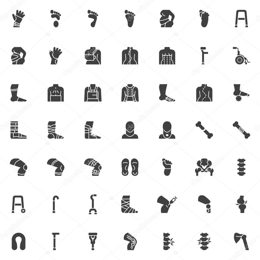 Orthopedic rehabilitation vector icons set, modern solid symbol collection, filled style pictogram pack. Signs, logo illustration. Set includes icons as wrist brace, spine treatment posture correction
