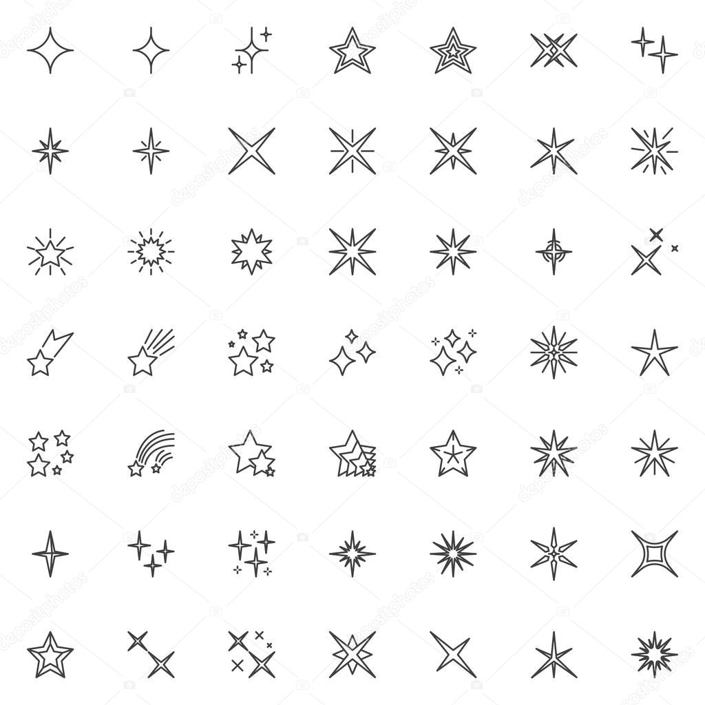 Stars shapes line icons set. linear style symbols collection, outline signs pack. vector graphics. Set includes icons as sparkle star, christmas decoration, magic, firework, starfall, starburst