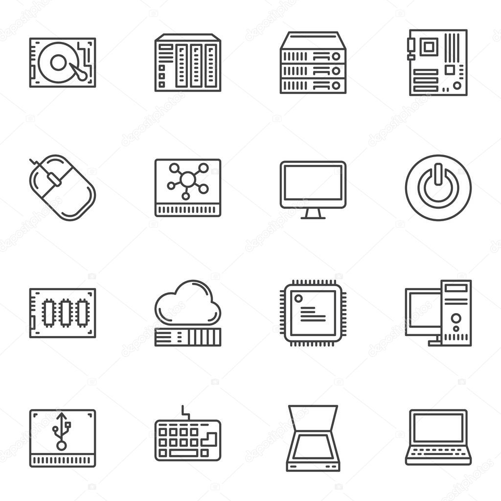 Hardware line icons set. linear style symbols collection, outline signs pack. vector graphics. Set includes icons as HDD, hard drive disk, network server, power button, computer monitor, microchip