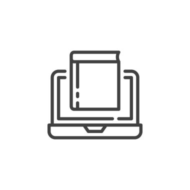 Çevrimiçi kitap mağazası simgesi. Mobil konsept ve web tasarımı için doğrusal biçim işareti. Laptop ve kitap özeti vektör ikonu ile e-öğrenme. Sembol, logo çizimi. Vektör grafiği