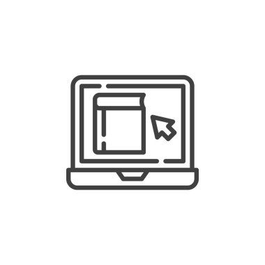 Çevrimiçi eğitim hattı simgesi. Mobil konsept ve web tasarımı için doğrusal biçim işareti. Laptop ve kitap özeti vektör ikonu ile e-öğrenme. Sembol, logo çizimi. Vektör grafikleri