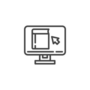 Çevrimiçi kitapçı satırı simgesi. Mobil konsept ve web tasarımı için E-öğrenme tarzı işareti. E-kitap ana hatları vektör simgesi olan bilgisayar monitörü. Sembol, logo çizimi. Vektör grafikleri