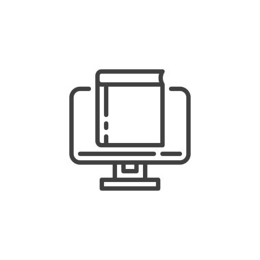 Kitap satırı simgesi olan bir monitör. Mobil konsept ve web tasarımı için kitapçı doğrusal tabela. Çevrimiçi eğitim ana hatları vektör simgesi. E-öğrenme sembolü, logo çizimi. Vektör grafikleri