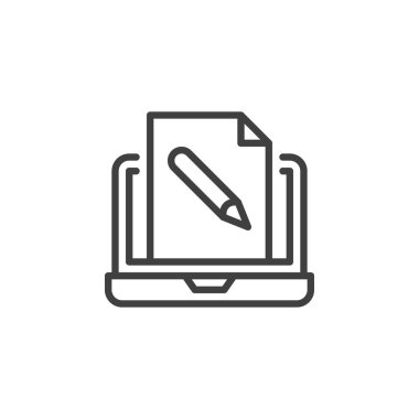 Çevrimiçi eğitim hattı simgesi. Mobil konsept ve web tasarımı için doğrusal biçim işareti. Belge dosyası düzenleyici vektör simgesi olan dizüstü bilgisayar. Sembol, logo çizimi. Vektör grafikleri