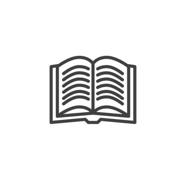 Kitap satırı simgesi okunuyor. Mobil konsept ve web tasarımı için doğrusal stil işareti öğrenmek. Kitap sayfaları ana vektör simgesini açın. Eğitim sembolü, logo çizimi. Vektör grafikleri