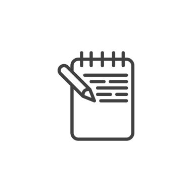 Kalem satırı simgesi olan defter. Mobil konsept ve web tasarımı için doğrusal biçim işareti. Kalem çizgisi vektör simgesi olan not kağıdı. Sembol, logo çizimi. Vektör grafikleri