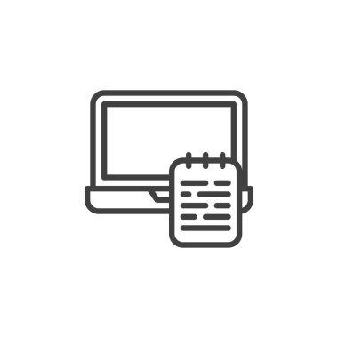 Laptop ve ders kitabı satır simgesi. Mobil konsept ve web tasarımı için E-öğrenme tarzı işareti. Not defteri bilgisayar ana hatları vektör simgesi. Eğitim sembolü, logo çizimi. Vektör grafikleri