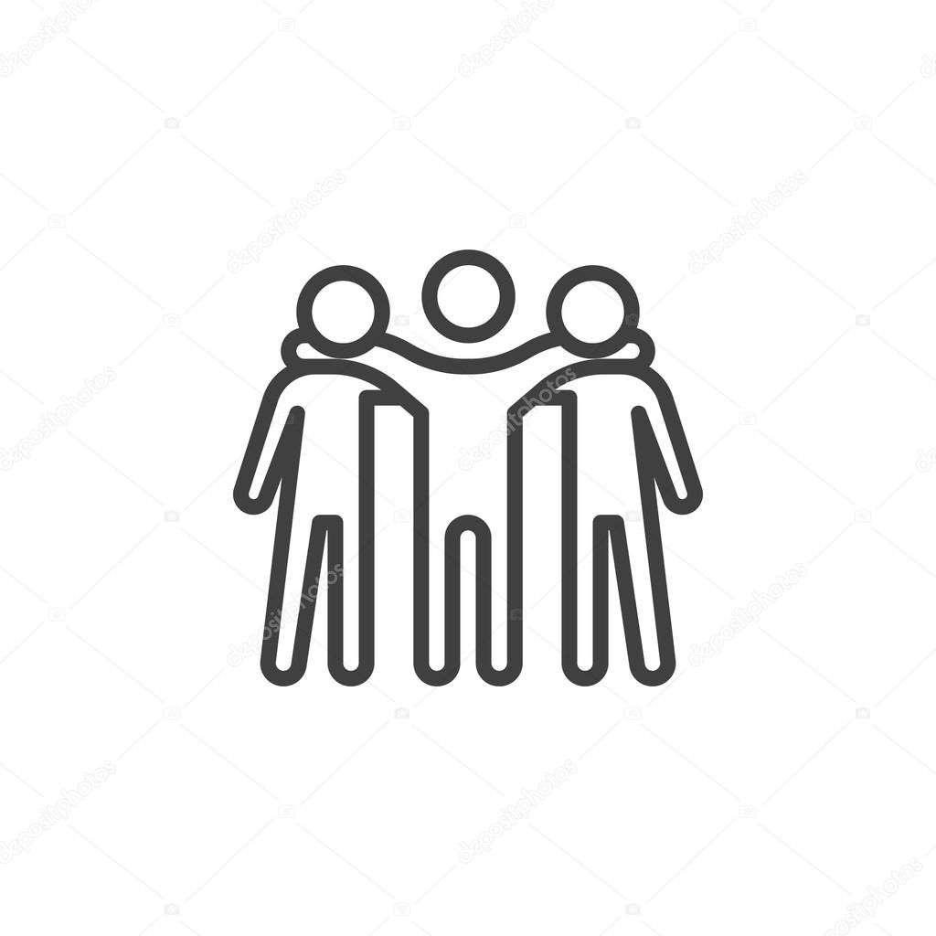 Three friend standing line icon. Brotherhood linear style sign for mobile concept and web design. People friendship outline vector icon. Symbol, logo illustration. Vector graphics