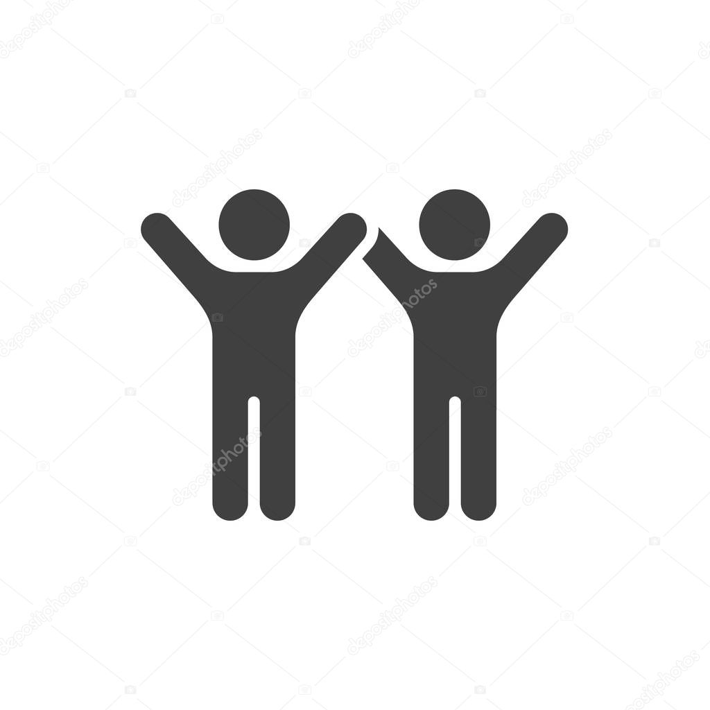 Friends with raised hands vector icon. filled flat sign for mobile concept and web design. People friendship glyph icon. Symbol, logo illustration. Vector graphics