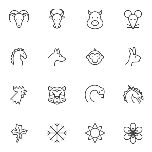 Ensemble d'icônes de ligne du zodiaque chinois — Image vectorielle
