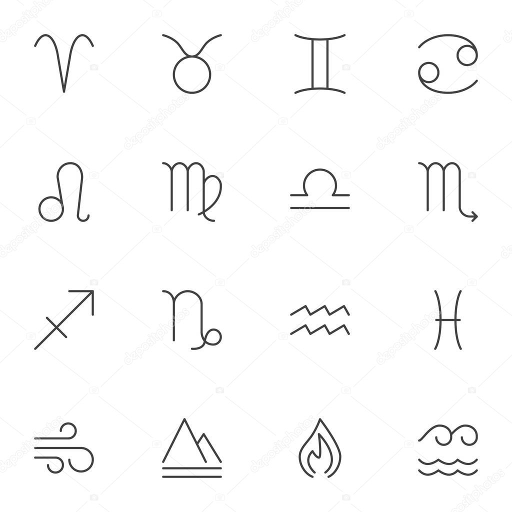 Zodiac signs line icons set. Astrology linear style symbols collection, outline signs pack. vector graphics. Set includes icons as Aries, Taurus, Gemini, Cancer, Leo, Virgo, Libra, Scorpio, Capricorn